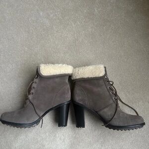 Elegant Taupe Heeled Boots with Shearling Lining